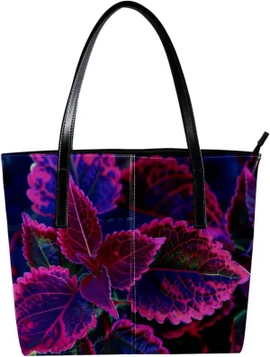 Tote Bag for Women, Large Tote Bag, Tote Bag with Zipper, Modern Botanical Pattern Purple Leaves, Tote Bags for Women