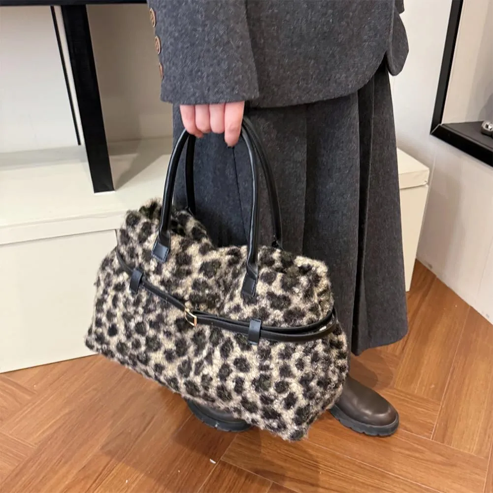 Tote Bag for Women,Leopard Plush Shoulder Bag with Belt Top-handle Bag 2024 Trendy Cheetah Print Purse,Work Handbag