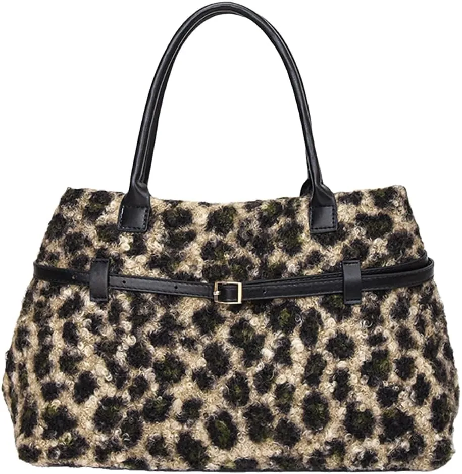 Tote Bag for Women,Leopard Plush Shoulder Bag with Belt Top-handle Bag 2024 Trendy Cheetah Print Purse,Work Handbag