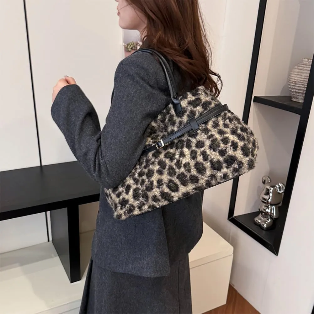 Tote Bag for Women,Leopard Plush Shoulder Bag with Belt Top-handle Bag 2024 Trendy Cheetah Print Purse,Work Handbag