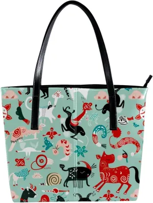 Tote Bags, Large Tote Bags for Women, Women's Tote Handbags, Cow Pig Fox Sheep Cartoon Lovely Animal, Tote Bags for Women