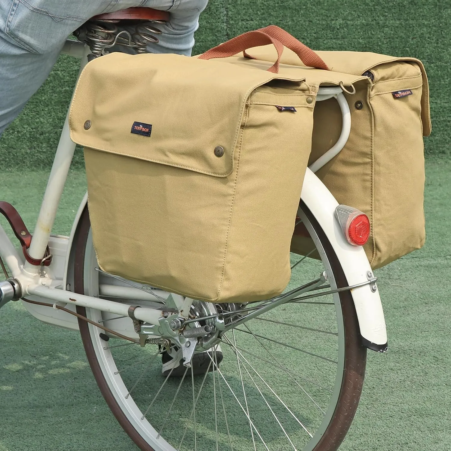 TOURBON Canvas Cycling Bicycle Bike Pannier Rear Seat Bag Rack Trunk (Waterproof, Roll-Up) (Khaki)