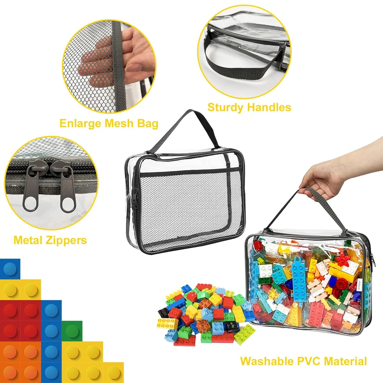 Toy Zippered Blocks Set Storage Bags for boy girls - 4PC Large PVC Storage Organizer Bags with Mesh Side Pockets for Puzzle, Clay, Book, Small Models and Mini Plush Toys. L: 9”x3”x11.8” (Grey)