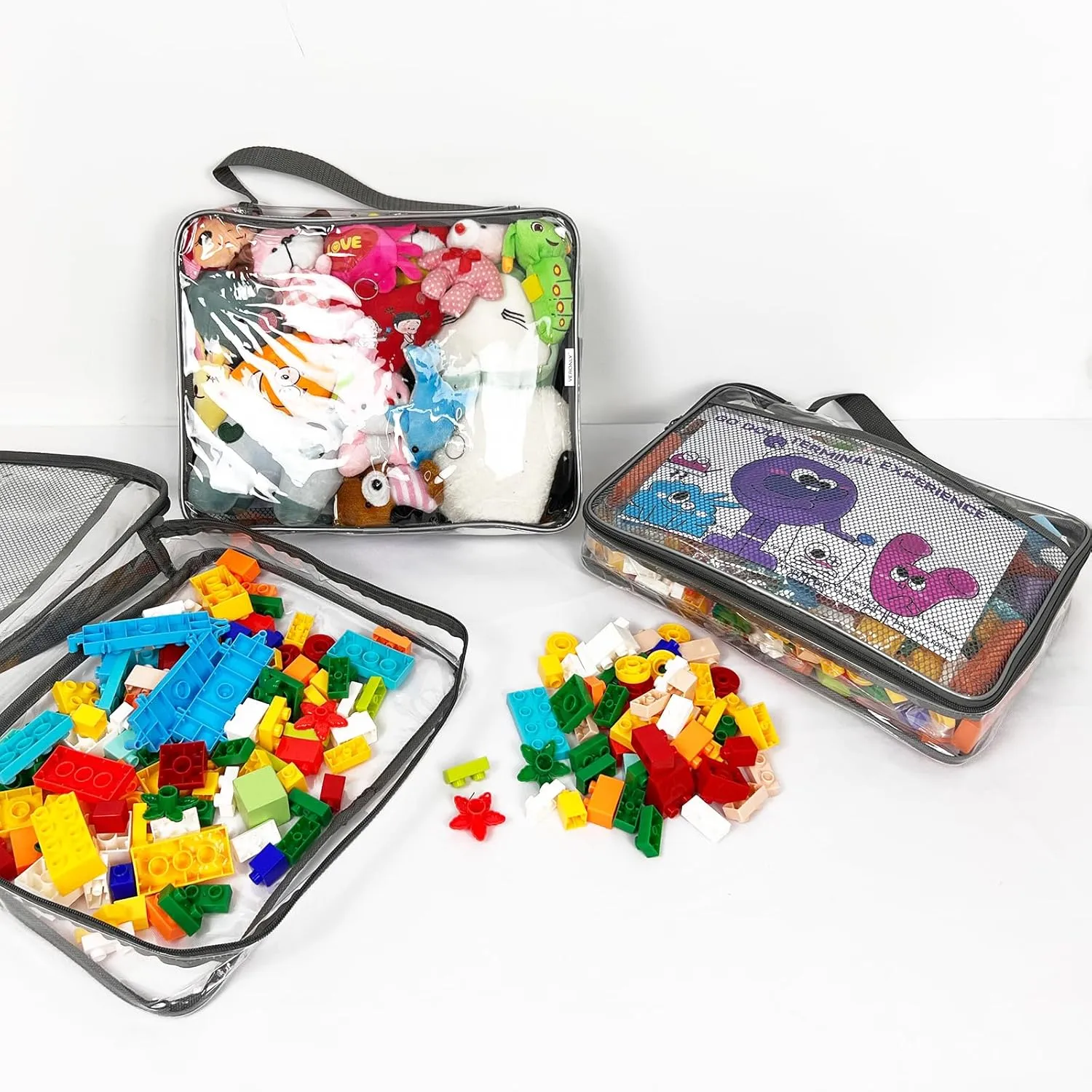 Toy Zippered Blocks Set Storage Bags for boy girls - 4PC Large PVC Storage Organizer Bags with Mesh Side Pockets for Puzzle, Clay, Book, Small Models and Mini Plush Toys. L: 9”x3”x11.8” (Grey)