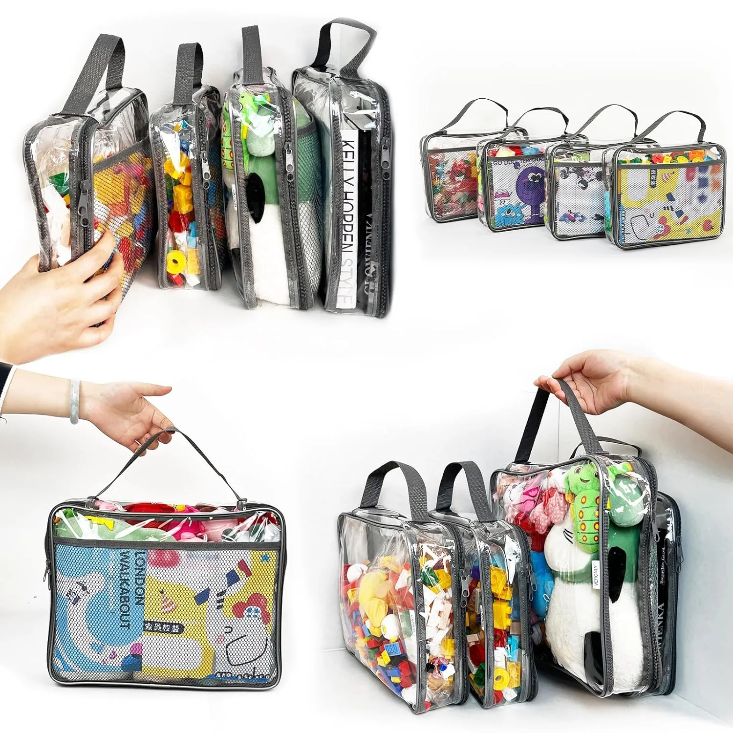 Toy Zippered Blocks Set Storage Bags for boy girls - 4PC Large PVC Storage Organizer Bags with Mesh Side Pockets for Puzzle, Clay, Book, Small Models and Mini Plush Toys. L: 9”x3”x11.8” (Grey)