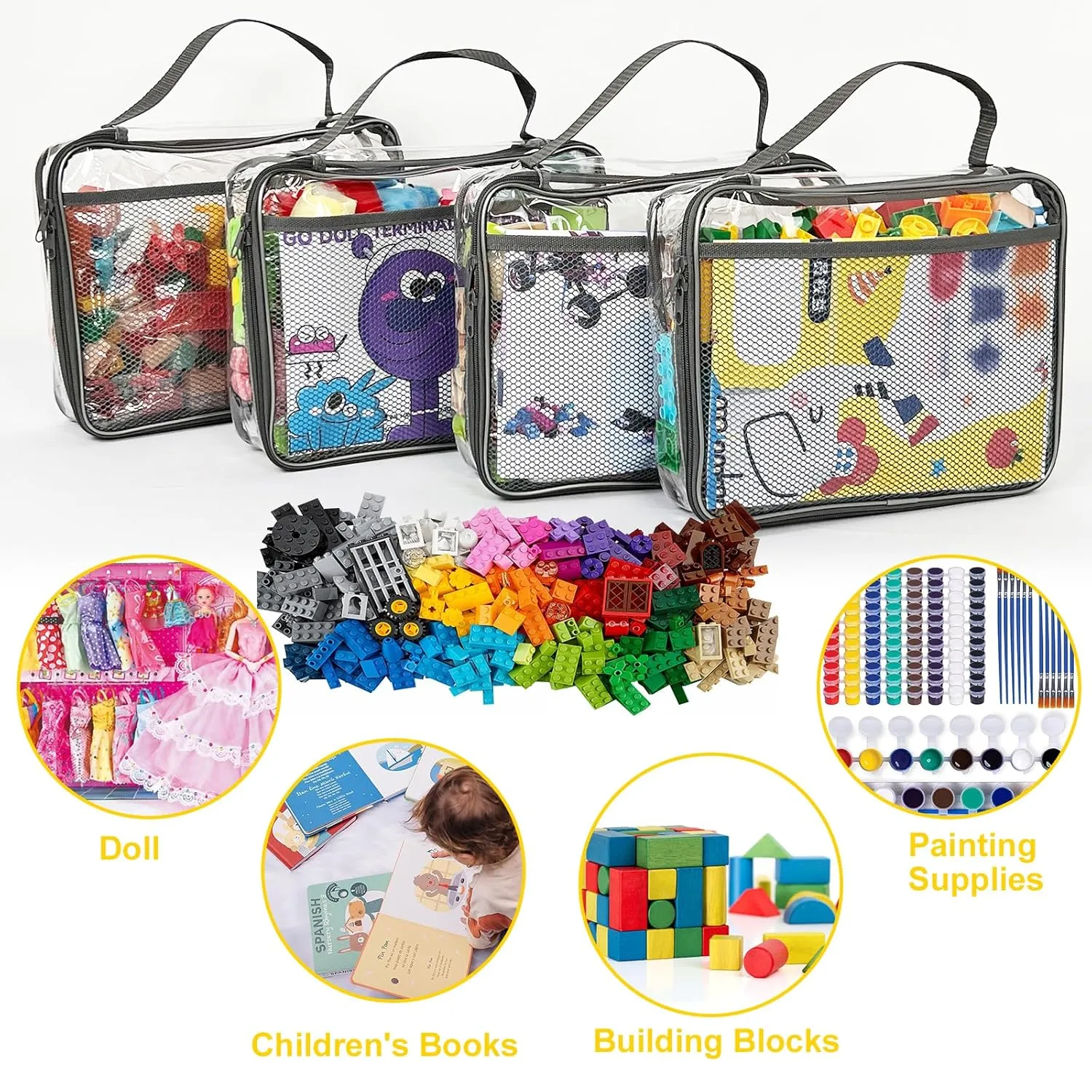 Toy Zippered Blocks Set Storage Bags for boy girls - 4PC Large PVC Storage Organizer Bags with Mesh Side Pockets for Puzzle, Clay, Book, Small Models and Mini Plush Toys. L: 9”x3”x11.8” (Grey)