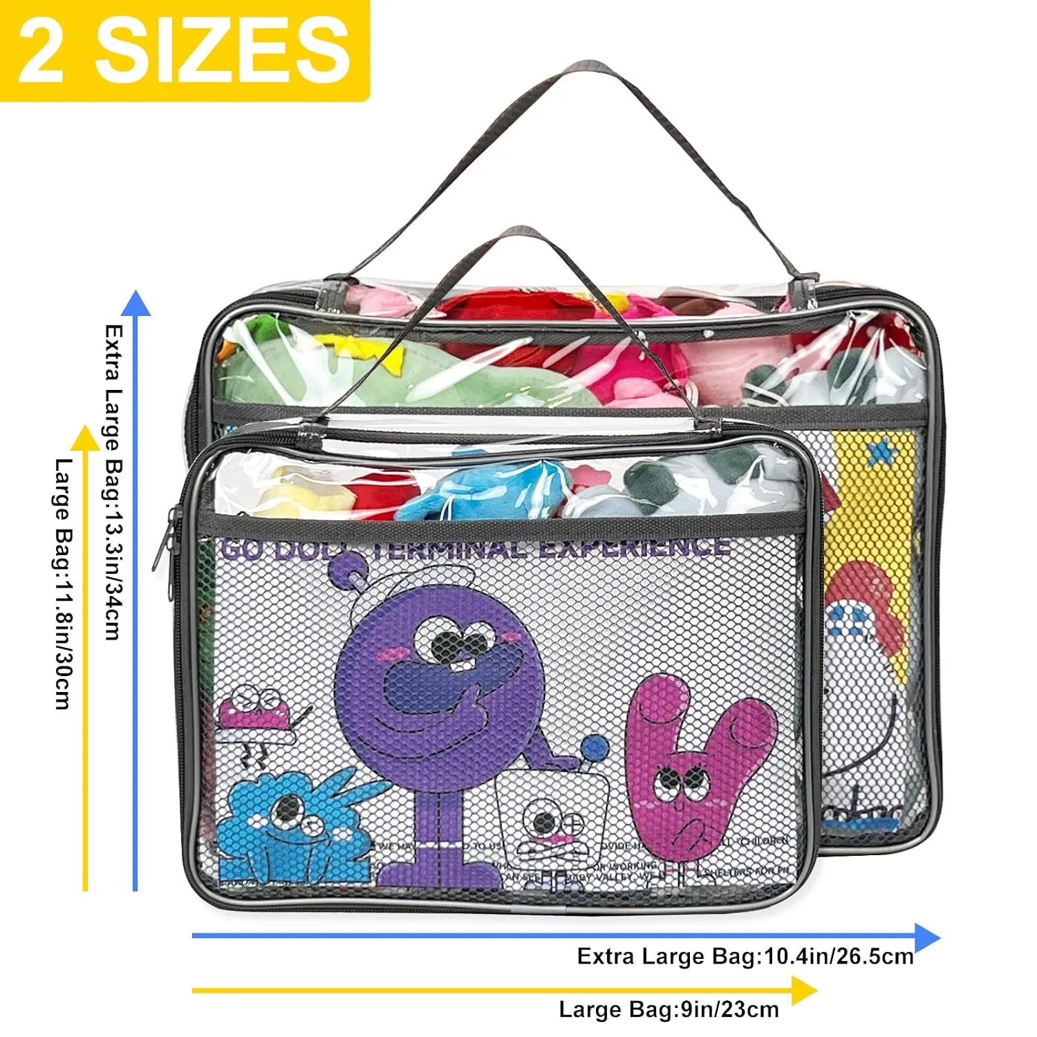 Toy Zippered Blocks Set Storage Bags for boy girls - 4PC Large PVC Storage Organizer Bags with Mesh Side Pockets for Puzzle, Clay, Book, Small Models and Mini Plush Toys. L: 9”x3”x11.8” (Grey)