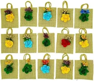 Traditional Thamboolam Return Gift Set – 15 Small Jute Pouches with Turmeric & Kumkum for Varalakshmi Pooja, Religious Ceremonies & Festive Favors