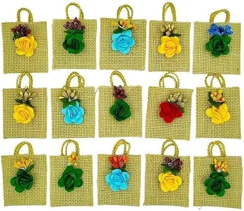 Traditional Thamboolam Return Gift Set – 15 Small Jute Pouches with Turmeric & Kumkum for Varalakshmi Pooja, Religious Ceremonies & Festive Favors