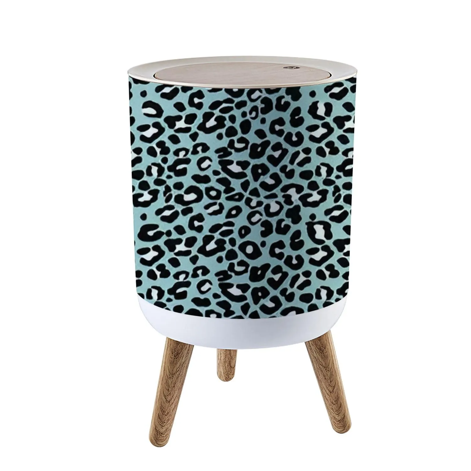 Trash Can with Lid Colorful Funny Leopard Stationary Phone Mug Wild Paper Towel Press Top Round Small Garbage Bin with Wooden Legs Waste Basket for Kitchen Bedroom Nursery 7L/1.8 Gallon