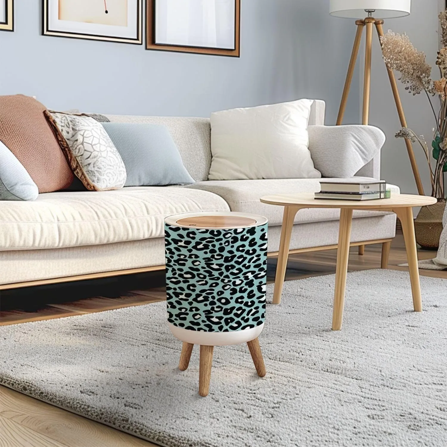 Trash Can with Lid Colorful Funny Leopard Stationary Phone Mug Wild Paper Towel Press Top Round Small Garbage Bin with Wooden Legs Waste Basket for Kitchen Bedroom Nursery 7L/1.8 Gallon