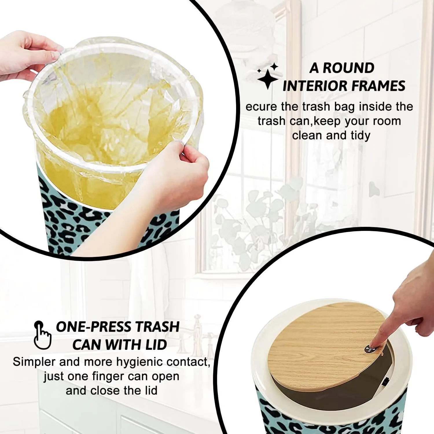 Trash Can with Lid Colorful Funny Leopard Stationary Phone Mug Wild Paper Towel Press Top Round Small Garbage Bin with Wooden Legs Waste Basket for Kitchen Bedroom Nursery 7L/1.8 Gallon
