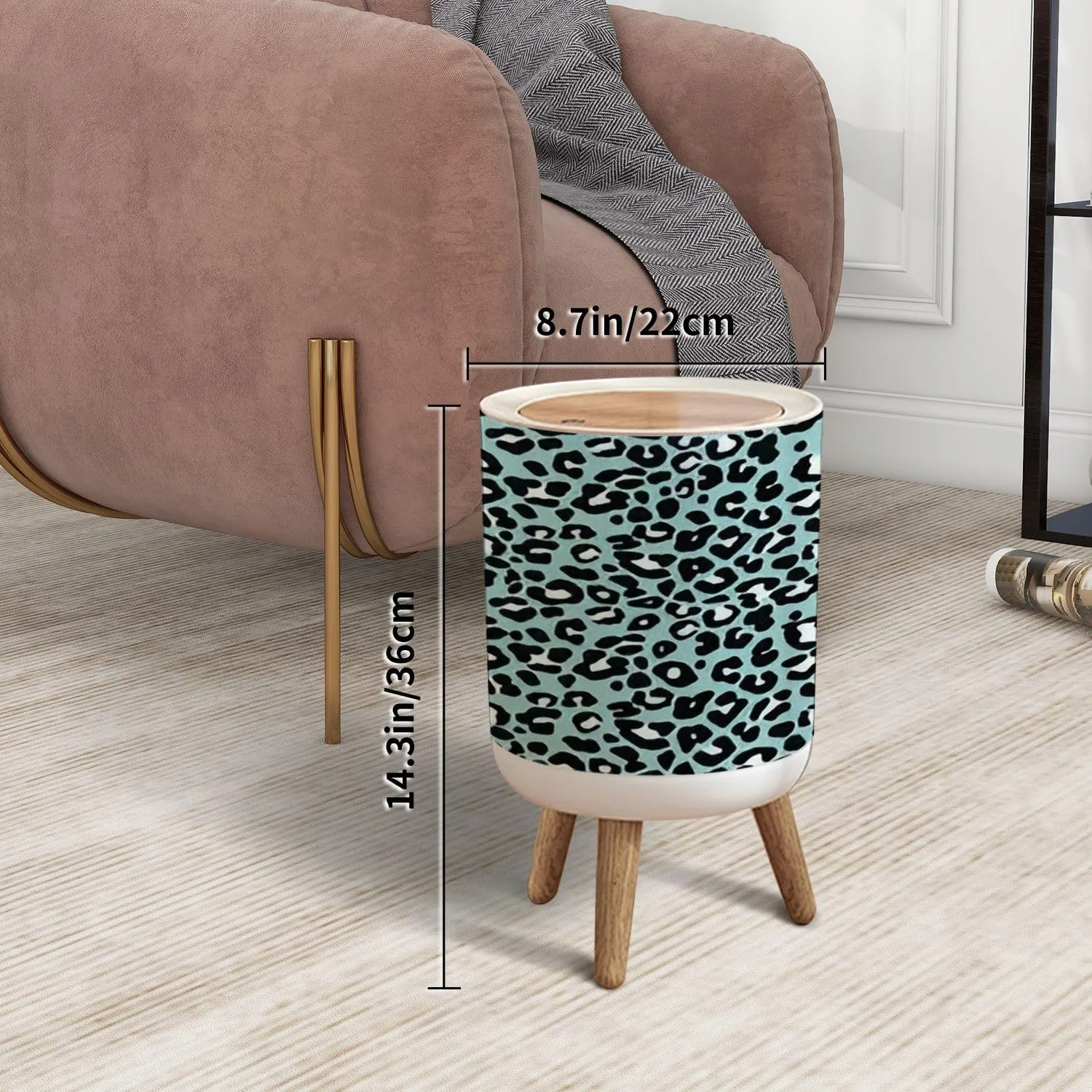 Trash Can with Lid Colorful Funny Leopard Stationary Phone Mug Wild Paper Towel Press Top Round Small Garbage Bin with Wooden Legs Waste Basket for Kitchen Bedroom Nursery 7L/1.8 Gallon