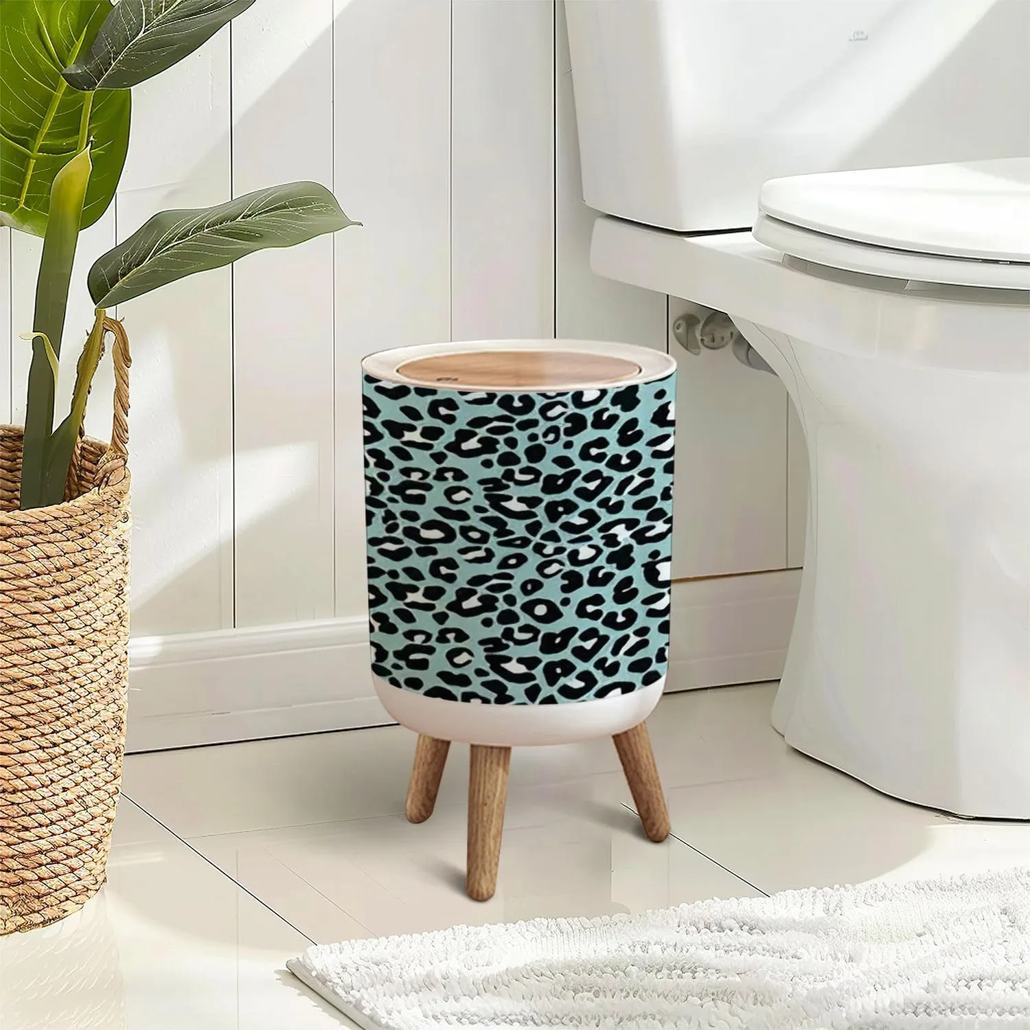 Trash Can with Lid Colorful Funny Leopard Stationary Phone Mug Wild Paper Towel Press Top Round Small Garbage Bin with Wooden Legs Waste Basket for Kitchen Bedroom Nursery 7L/1.8 Gallon