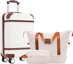 Travel Convenience with Hardshell Luggage Set, Includes 20-Inch Suitcase and Travel Bags, Durable ABS Construction, White