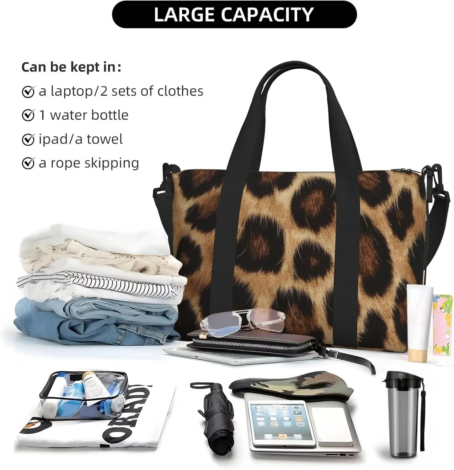 Travel Duffle Bag Leopard Fur Texture Weekender Overnight Bags Luggage Bag for Women Men Waterproof Sports Gym Bag Hand Bag with Shoulder Strap