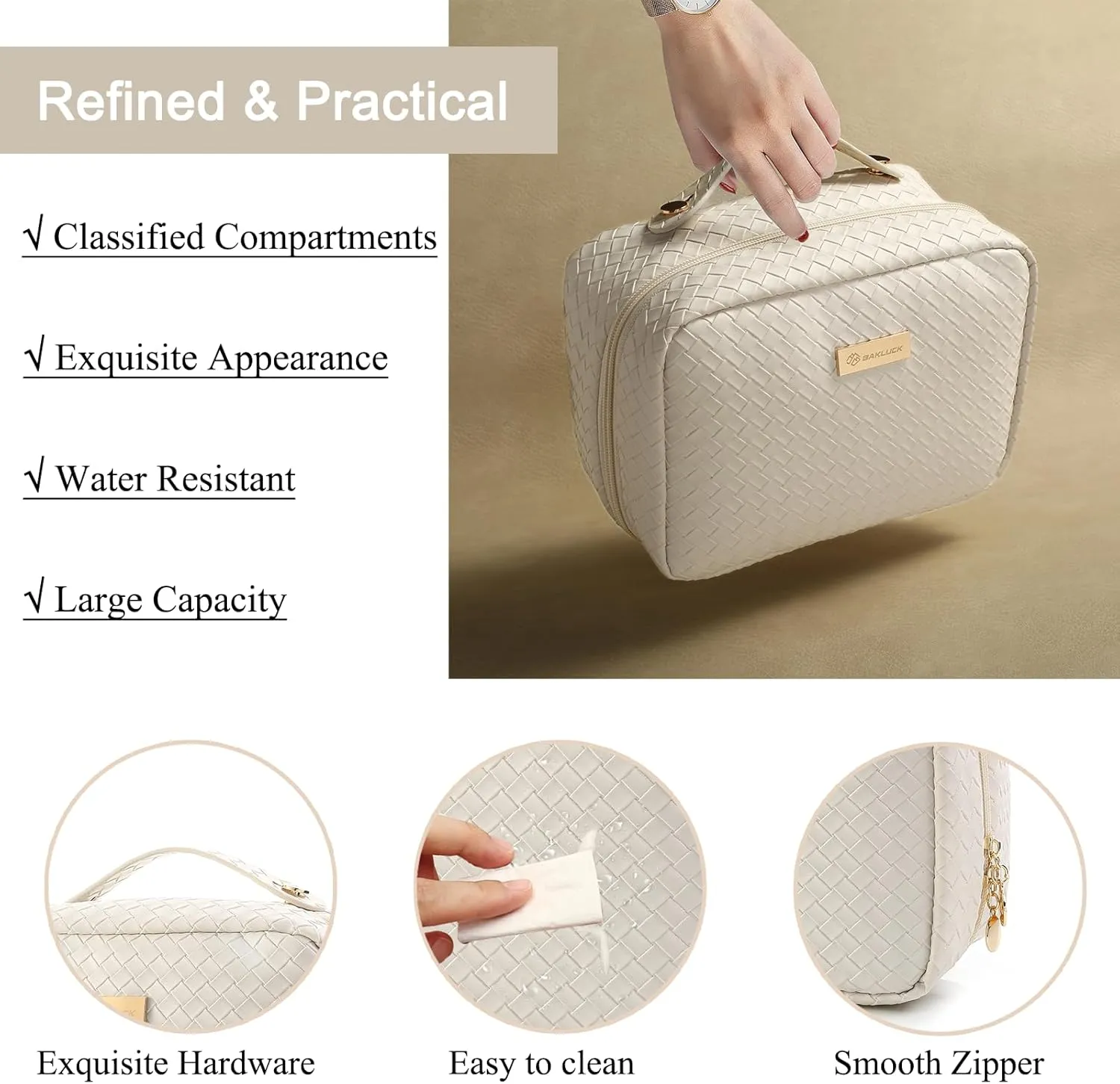 Travel Makeup Bag Large Capacity Cosmetic Bags with Clear Double Sided, Checkered Makeup Bag with Makeup Brush Compartments, PU Waterproof Leather Makeup Organizer Bag for Women, Beige