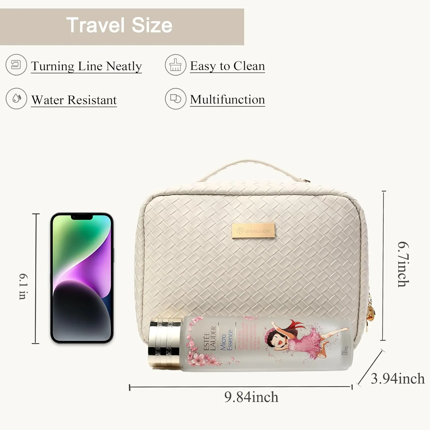 Travel Makeup Bag Large Capacity Cosmetic Bags with Clear Double Sided, Checkered Makeup Bag with Makeup Brush Compartments, PU Waterproof Leather Makeup Organizer Bag for Women, Beige