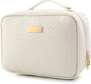 Travel Makeup Bag Large Capacity Cosmetic Bags with Clear Double Sided, Checkered Makeup Bag with Makeup Brush Compartments, PU Waterproof Leather Makeup Organizer Bag for Women, Beige
