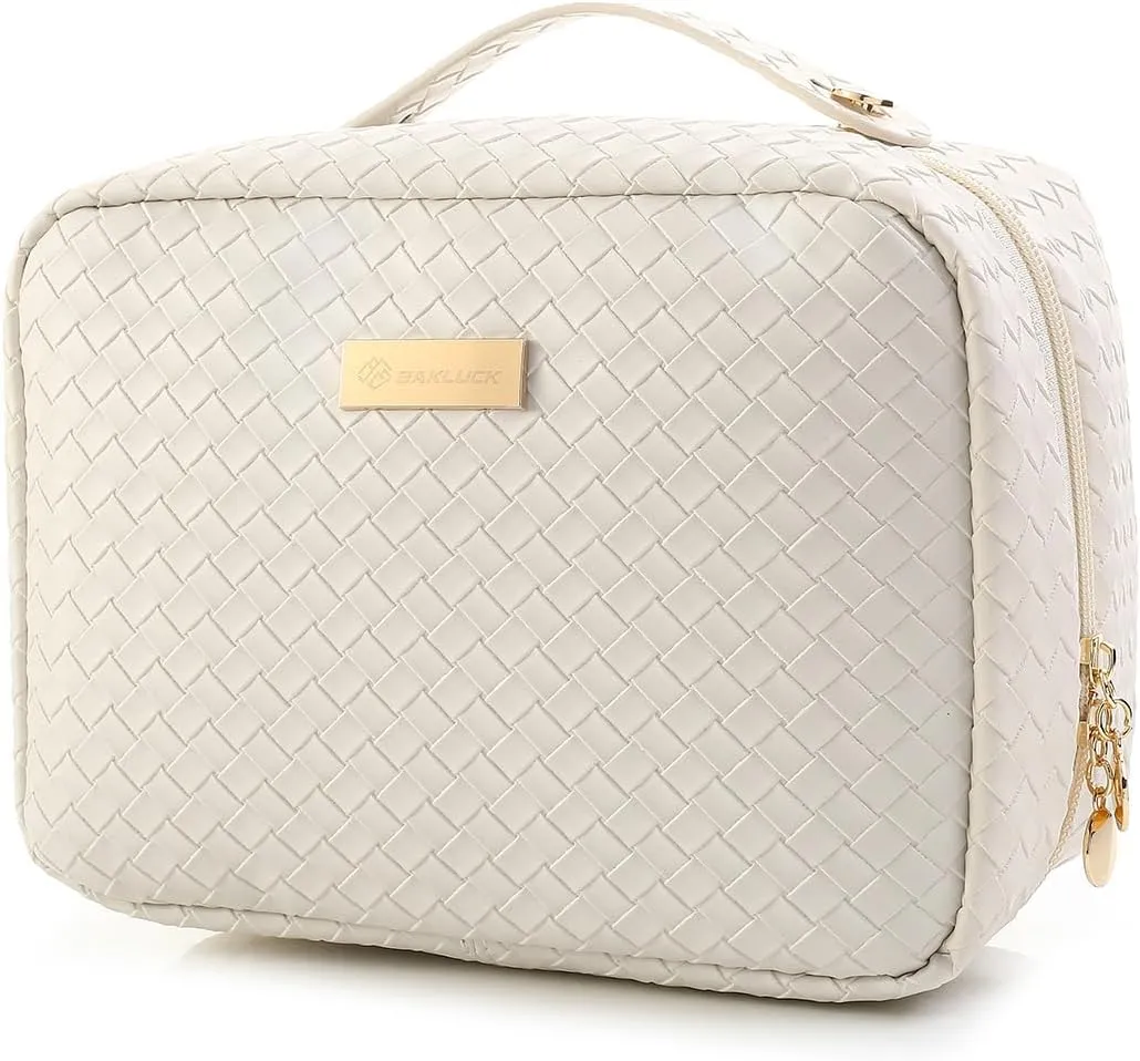 Travel Makeup Bag Large Capacity Cosmetic Bags with Clear Double Sided, Checkered Makeup Bag with Makeup Brush Compartments, PU Waterproof Leather Makeup Organizer Bag for Women, Beige