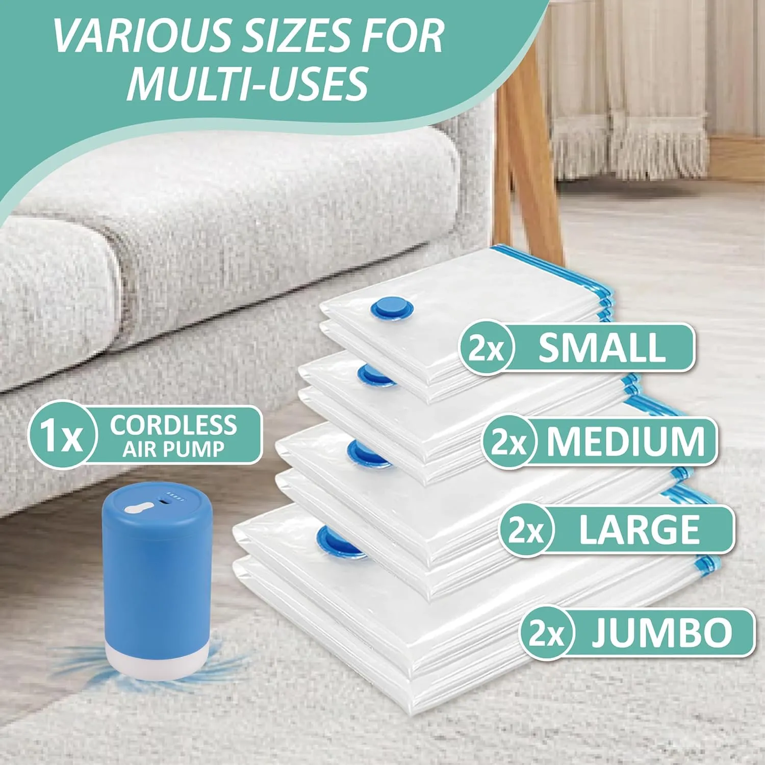 Travel Vacuum Bags with Electric Pump, 8 Pack Vacuum Travel Bags for Luggage and Suitcase, Vacuum Seal Space Saver Compression for Clothes Clothing