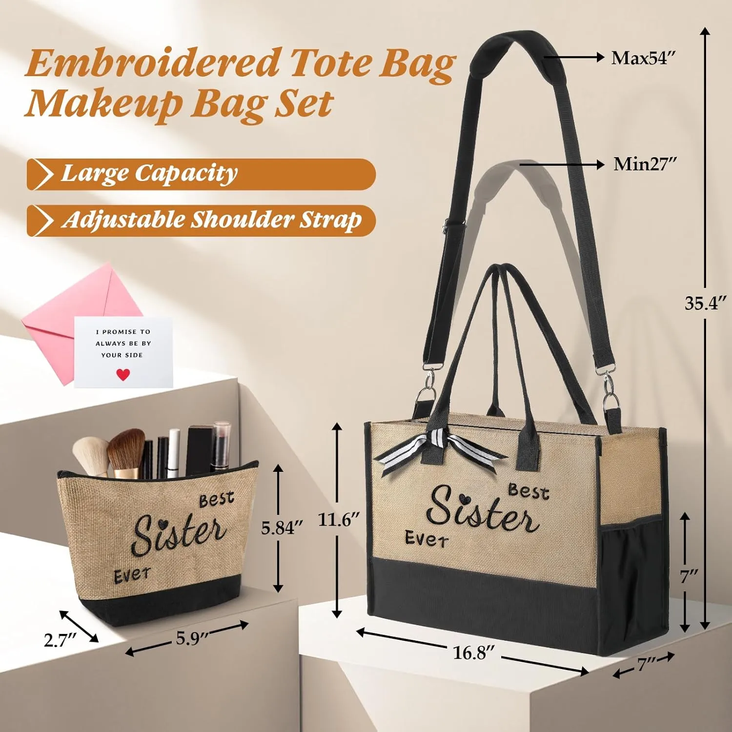 TRSODD Mimi Mothers Day Gifts Mimi Personalized Birthday Gifts for Women Jute Embroidered Tote Bag and Makeup Bag