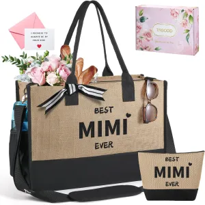 TRSODD Mimi Mothers Day Gifts Mimi Personalized Birthday Gifts for Women Jute Embroidered Tote Bag and Makeup Bag