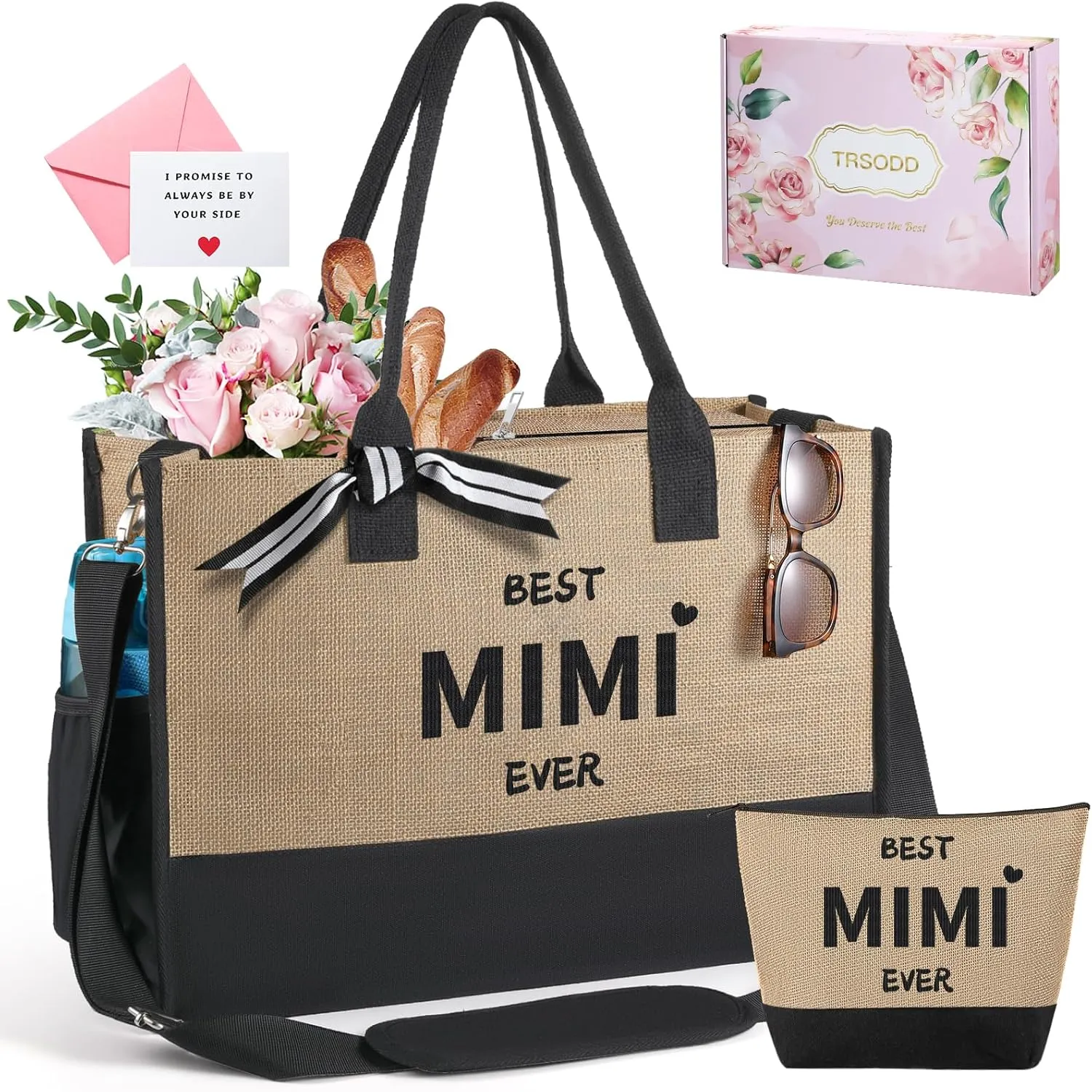 TRSODD Mimi Mothers Day Gifts Mimi Personalized Birthday Gifts for Women Jute Embroidered Tote Bag and Makeup Bag