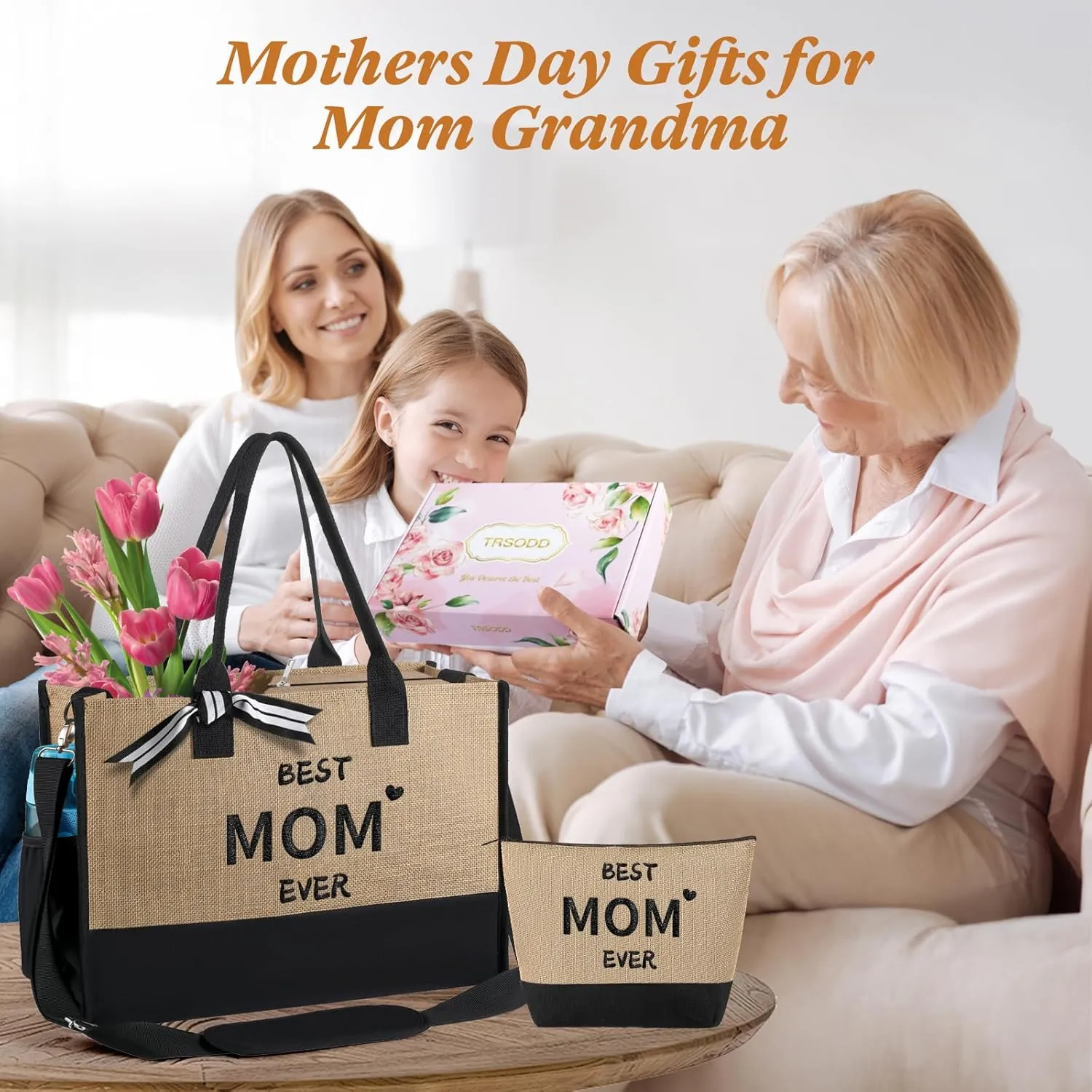 TRSODD Mimi Mothers Day Gifts Mimi Personalized Birthday Gifts for Women Jute Embroidered Tote Bag and Makeup Bag