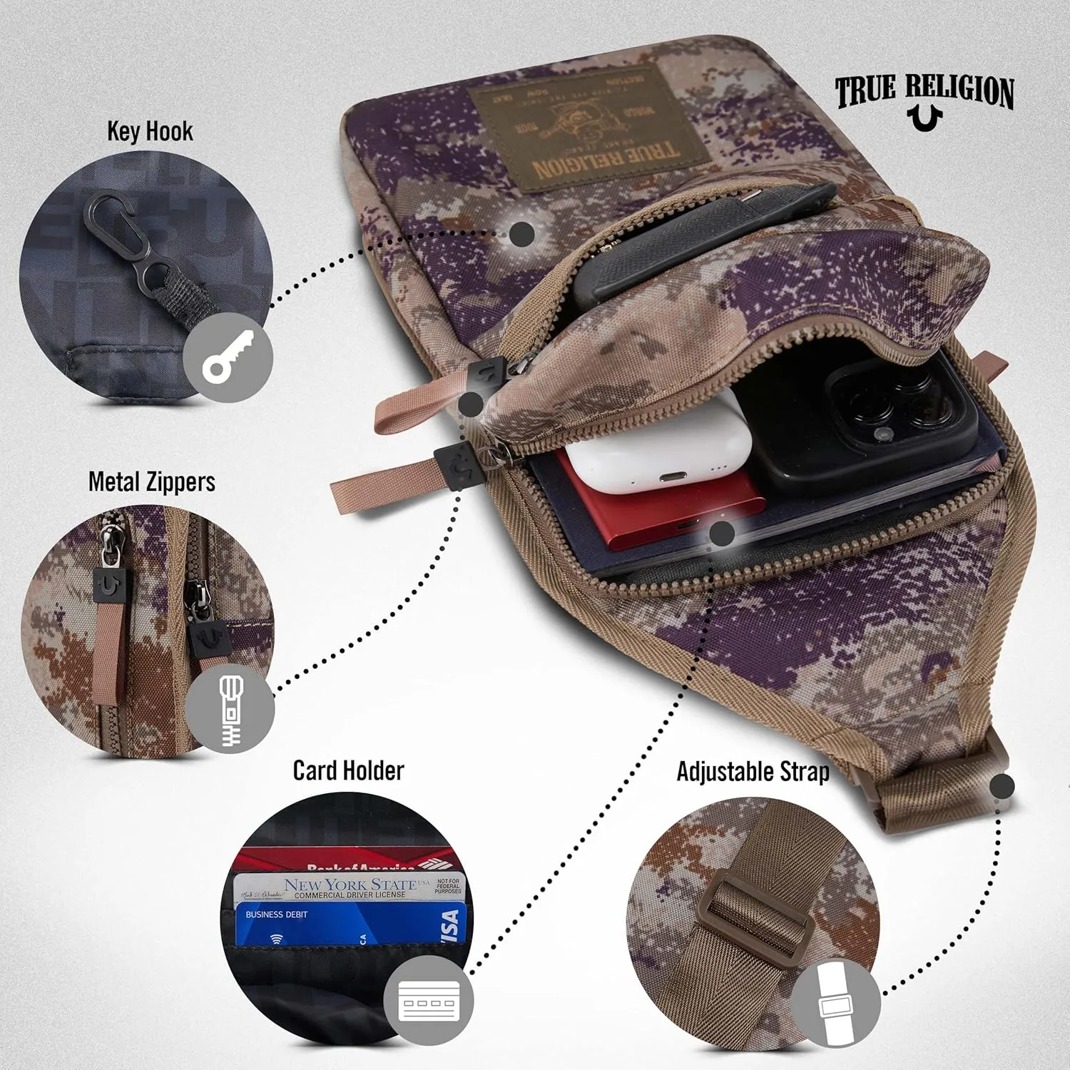 True Religion Crossbody Bags for Women & Men, Sling Bag for Men, Women Cross Body Bag, Sling Backpack Travel Bag Travel Purse