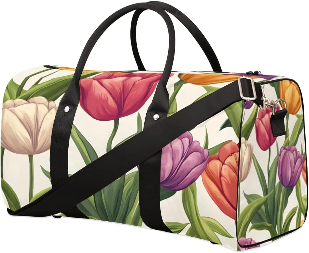 Tulips Flowers Travel Duffle Bag for Women Men Gym Duffel Foldable Bag Waterproof Weekender Rustic Floral Duffle Tote