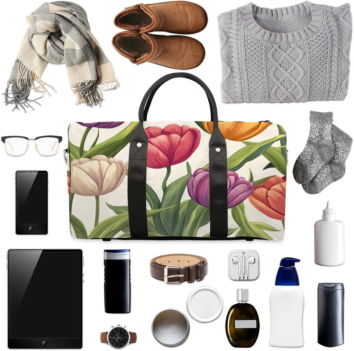 Tulips Flowers Travel Duffle Bag for Women Men Gym Duffel Foldable Bag Waterproof Weekender Rustic Floral Duffle Tote