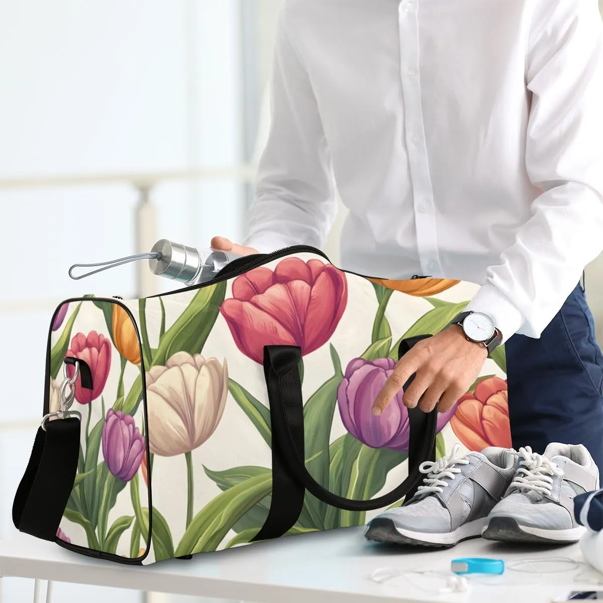 Tulips Flowers Travel Duffle Bag for Women Men Gym Duffel Foldable Bag Waterproof Weekender Rustic Floral Duffle Tote