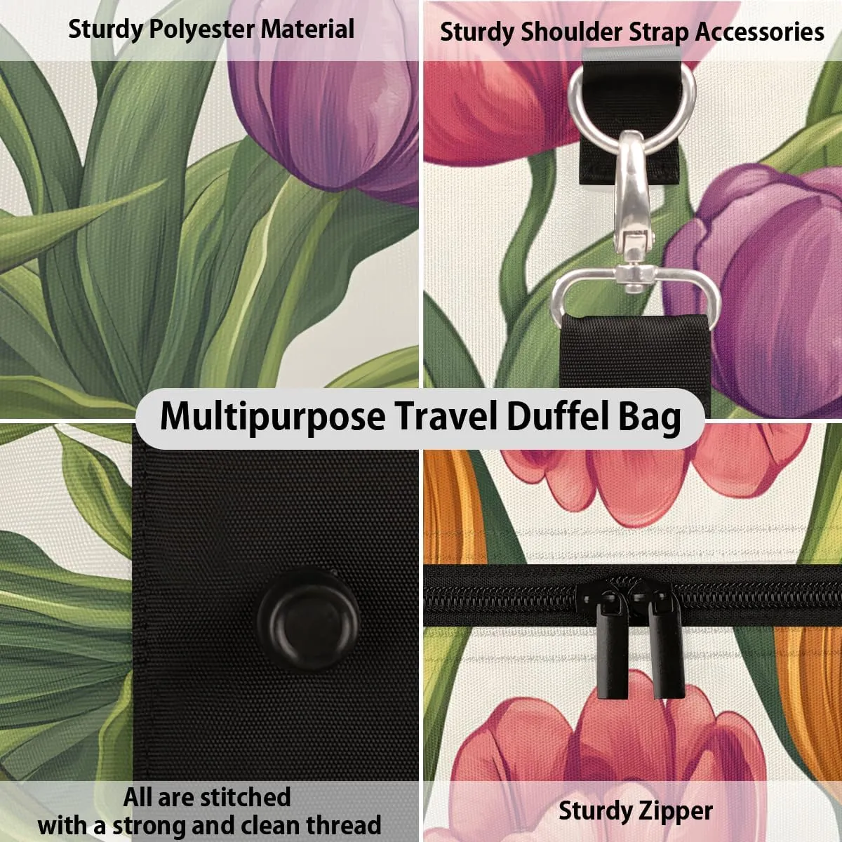 Tulips Flowers Travel Duffle Bag for Women Men Gym Duffel Foldable Bag Waterproof Weekender Rustic Floral Duffle Tote