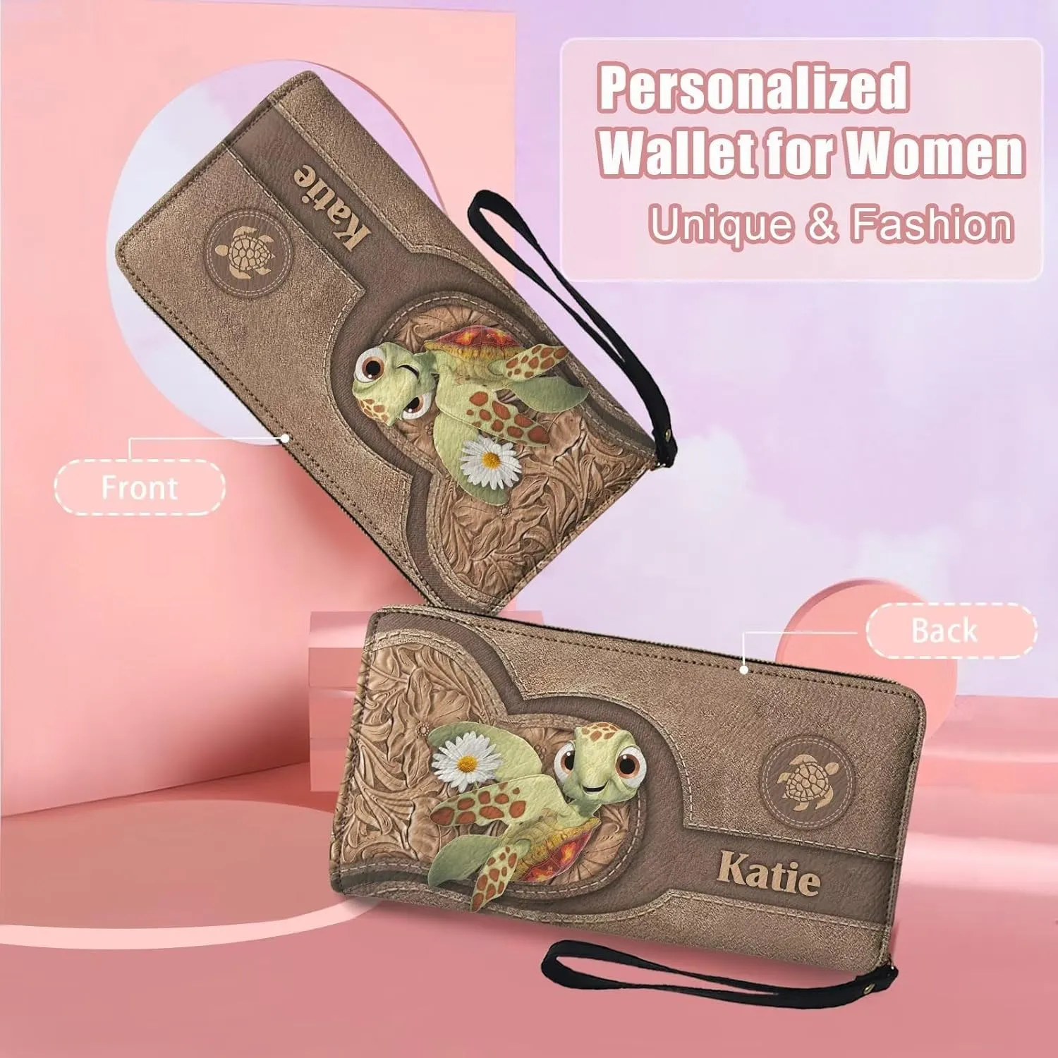 Tuoxiukan Customized Name Wallets for Women Sea Turtle Wristlet Wallets Zipper PU Leather Phone Case Water-proof Large Capacity Cash Coin Organizer Clutch Purse Christmas Gifts for Wife Girlfriend
