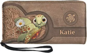 Tuoxiukan Customized Name Wallets for Women Sea Turtle Wristlet Wallets Zipper PU Leather Phone Case Water-proof Large Capacity Cash Coin Organizer Clutch Purse Christmas Gifts for Wife Girlfriend