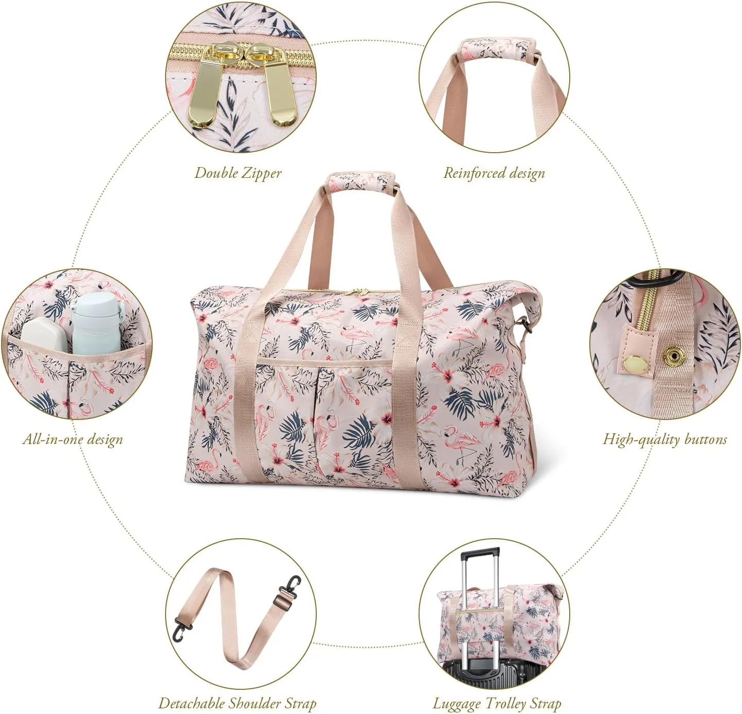 Tuwubi Travel Duffle Bag, Gym Bag for Women, Weekender Bags, 45L Travel Duffel Bags with Small Pouch - Flamingo