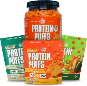 Twin Peaks Low Carb, Keto Friendly Protein Puffs, 3 Bags of Assorted Flavor Puffs   1 Jug Nacho Cheese Flavor Puffs