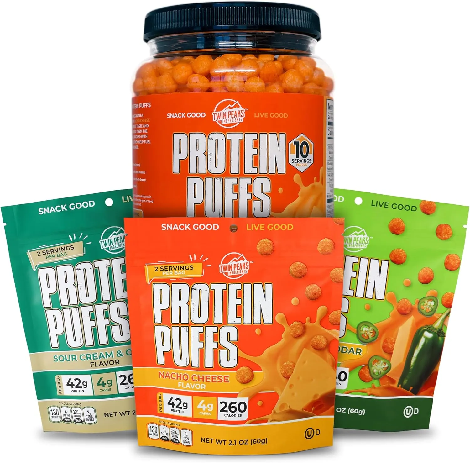 Twin Peaks Low Carb, Keto Friendly Protein Puffs, 3 Bags of Assorted Flavor Puffs   1 Jug Nacho Cheese Flavor Puffs