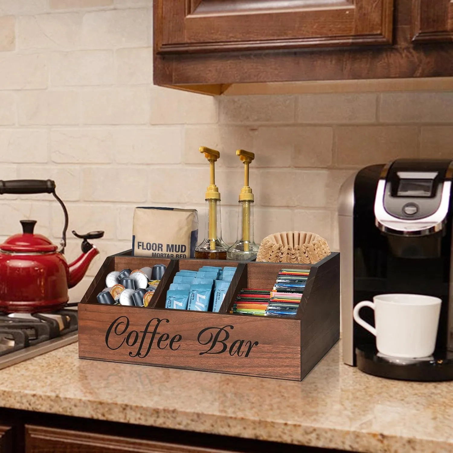 Ugiftt Coffee Station Organizer - Wood Pods Holder & Tea Condiment Storage Basket, Rustic Coffee Bar Decor