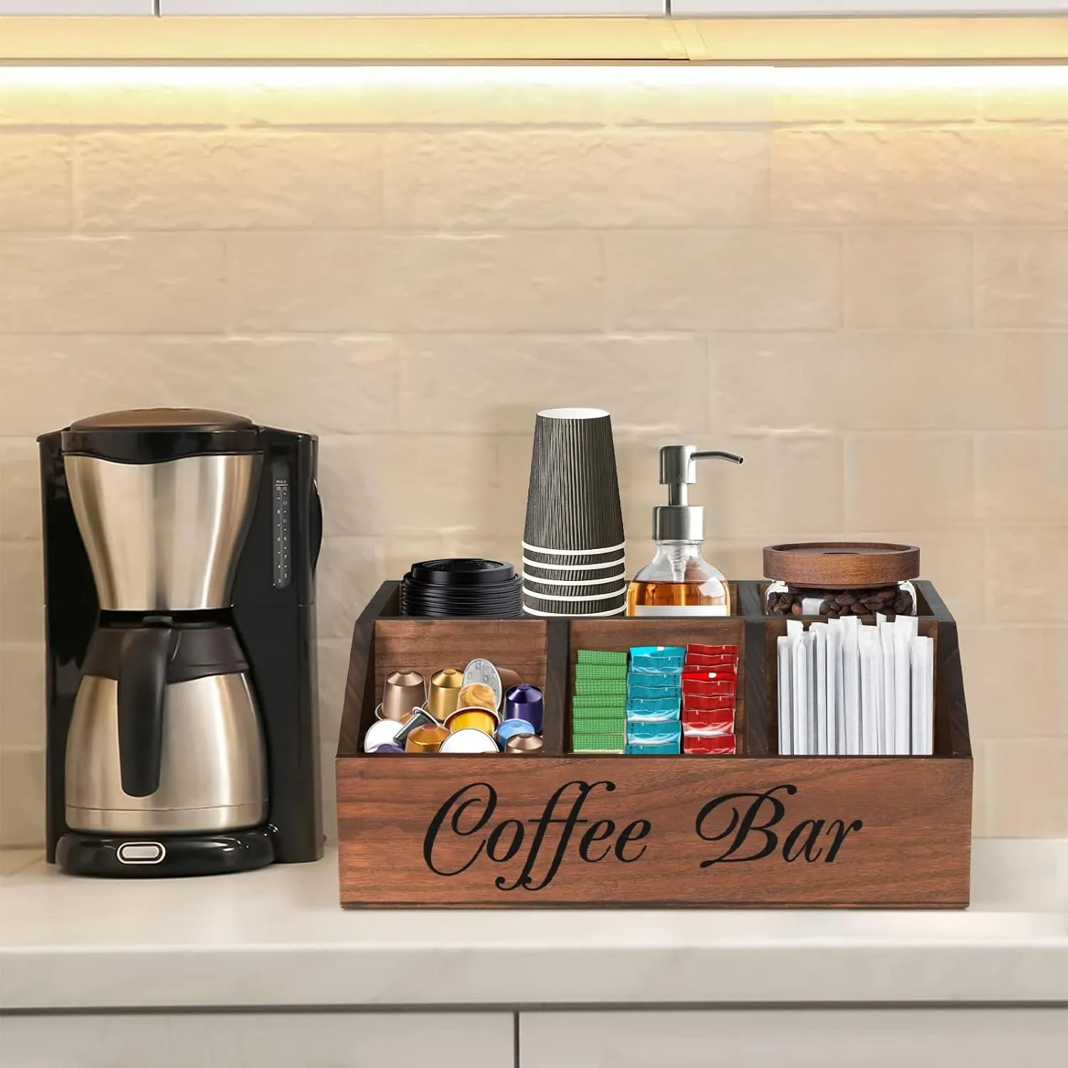 Ugiftt Coffee Station Organizer - Wood Pods Holder & Tea Condiment Storage Basket, Rustic Coffee Bar Decor