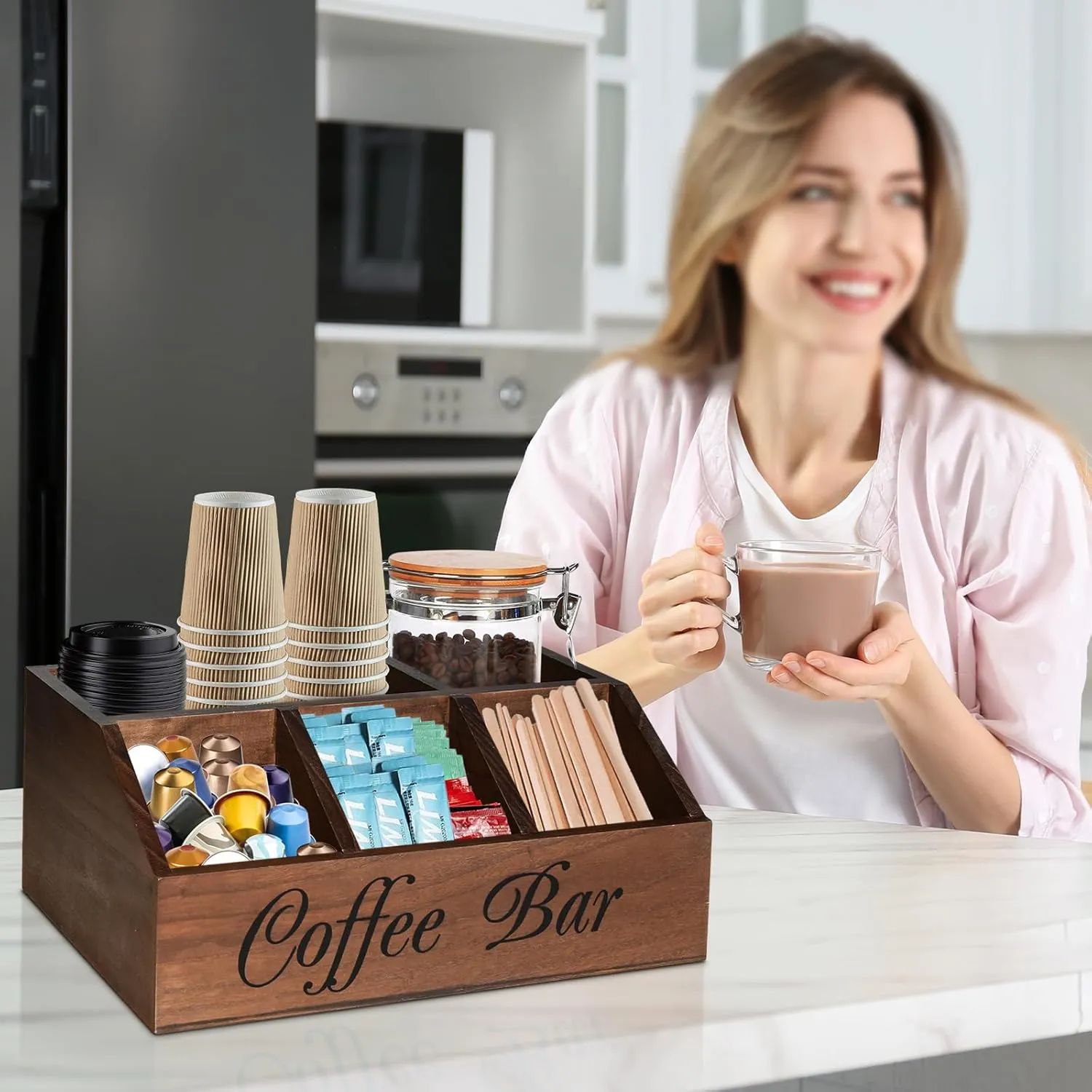 Ugiftt Coffee Station Organizer - Wood Pods Holder & Tea Condiment Storage Basket, Rustic Coffee Bar Decor