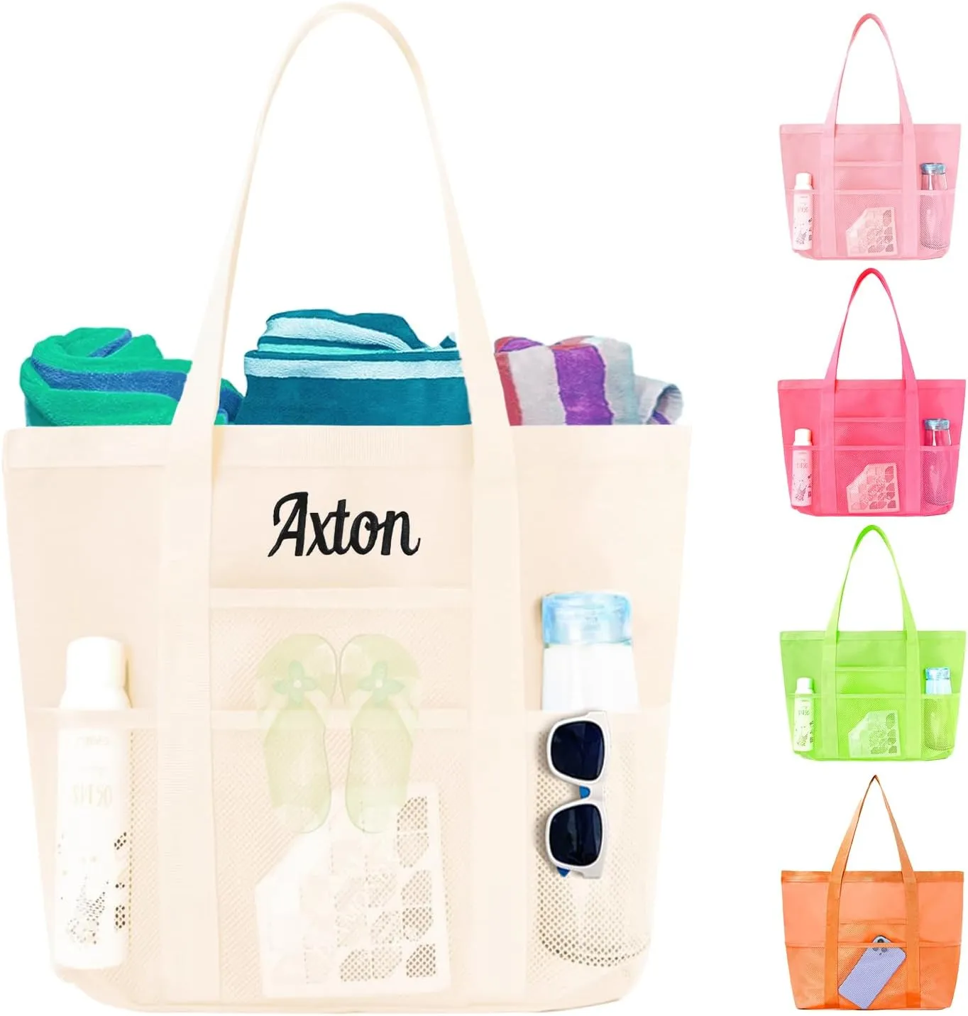 Ulico Personalized Beach Bag Embroidered Name,Custom Mesh Tote Bag for Women, Foldable Shoulder Bag for Swimming Pools Travel