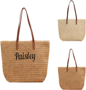 Ulico Personalized Straw Beach Bags for Women, Large Tote Bag with Embroidered Name， Lightweight Foldable Shoulder Bag