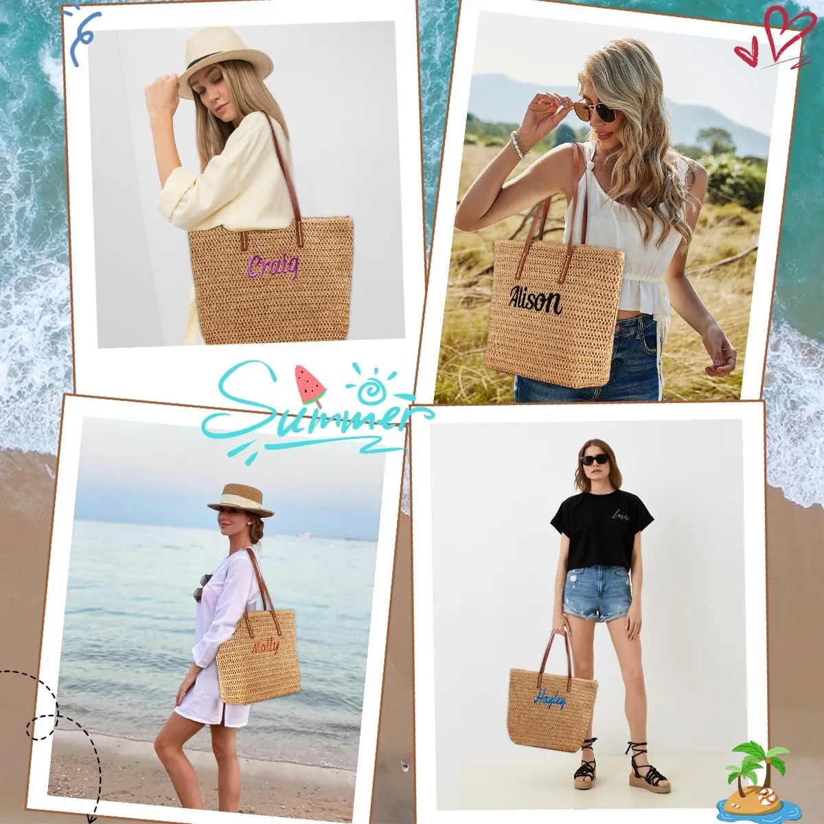 Ulico Personalized Straw Beach Bags for Women, Large Tote Bag with Embroidered Name， Lightweight Foldable Shoulder Bag