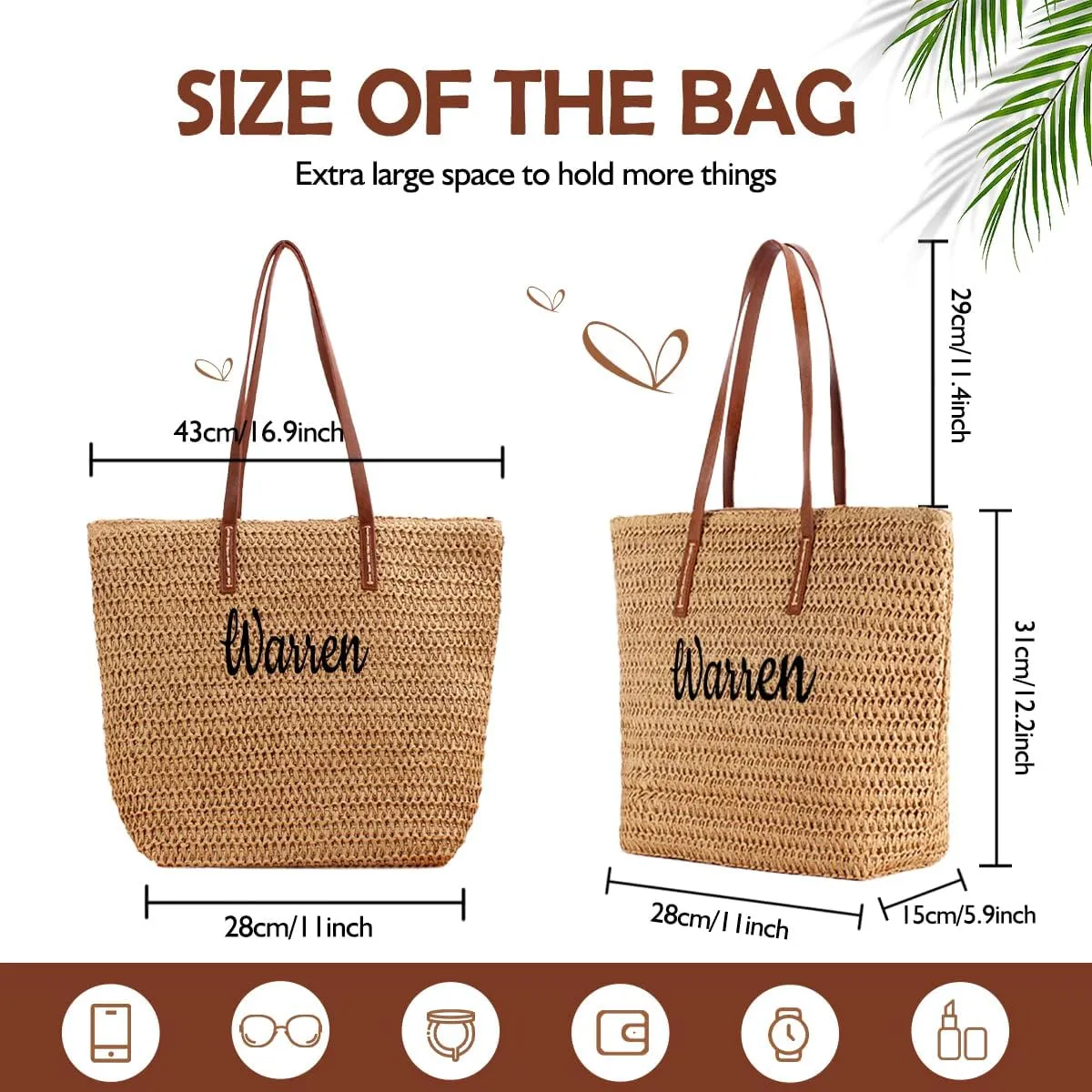Ulico Personalized Straw Beach Bags for Women, Large Tote Bag with Embroidered Name， Lightweight Foldable Shoulder Bag