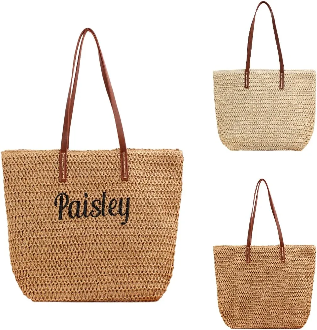 Ulico Personalized Straw Beach Bags for Women, Large Tote Bag with Embroidered Name， Lightweight Foldable Shoulder Bag