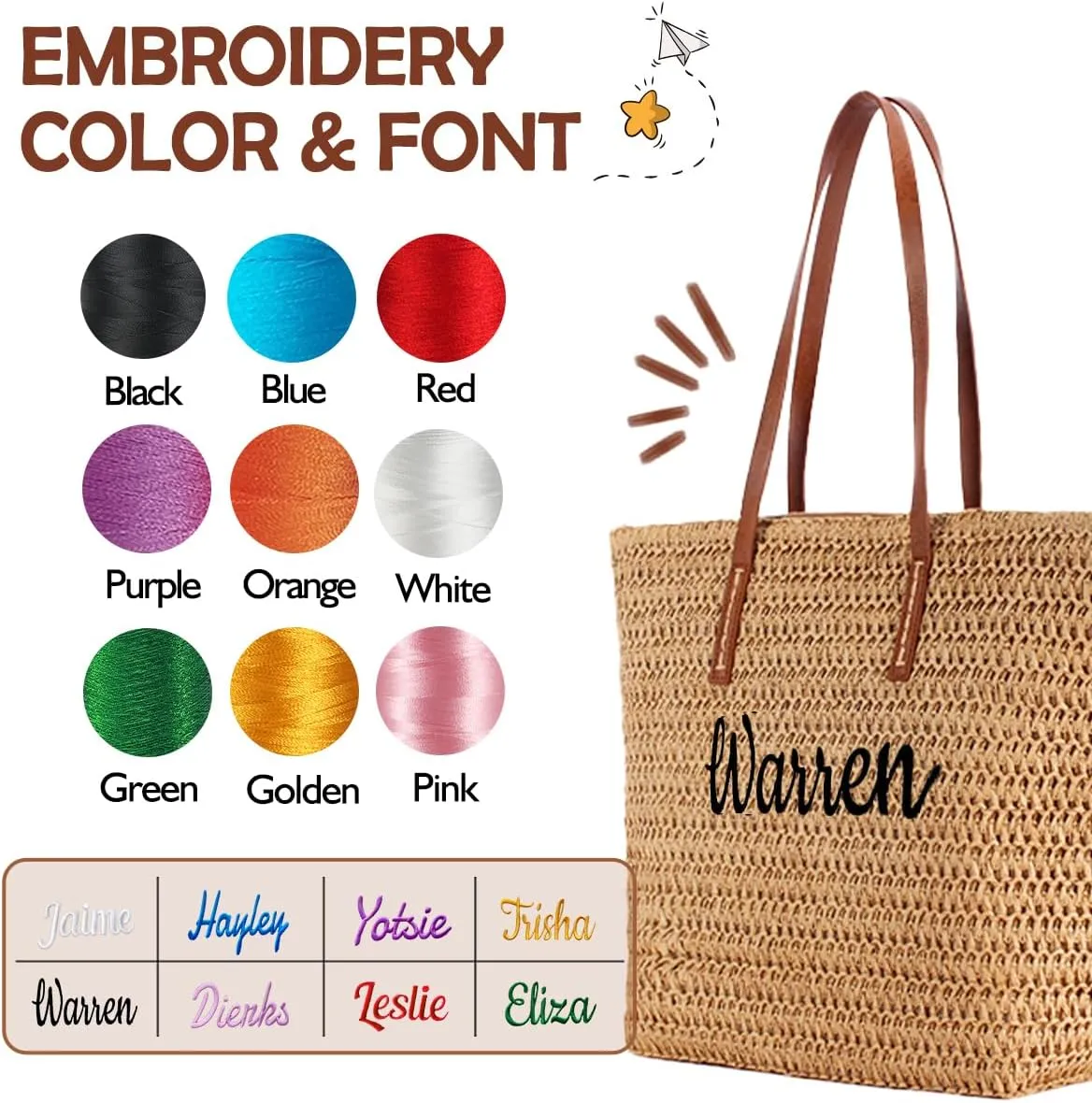 Ulico Personalized Straw Beach Bags for Women, Large Tote Bag with Embroidered Name， Lightweight Foldable Shoulder Bag
