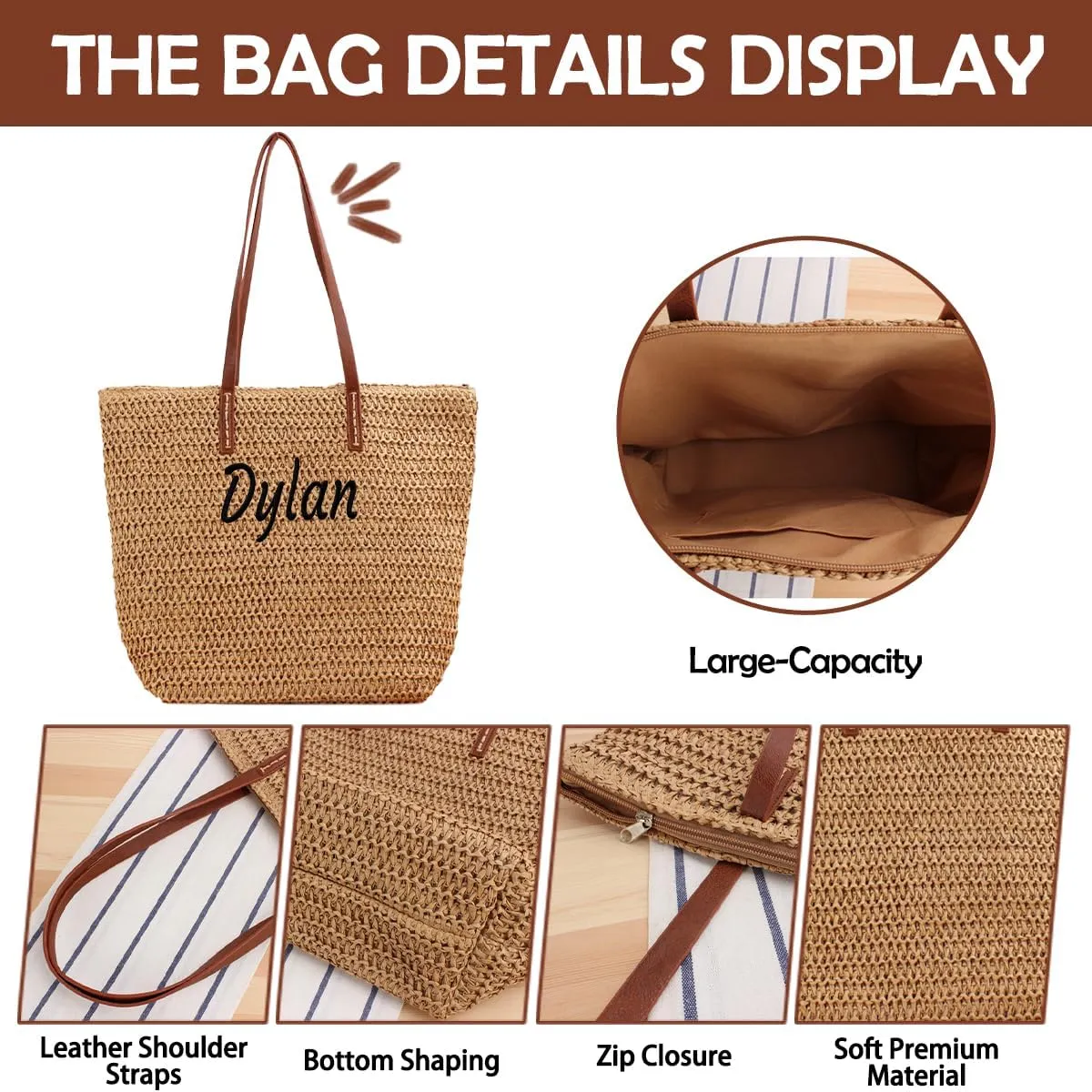 Ulico Personalized Straw Beach Bags for Women, Large Tote Bag with Embroidered Name， Lightweight Foldable Shoulder Bag
