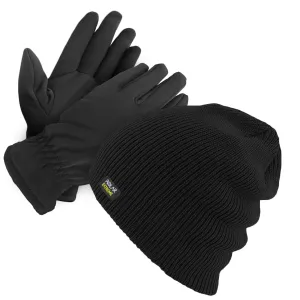 Unisex Thermal Winter Gloves and Beanie Set with Polar Fleece Lining- Black